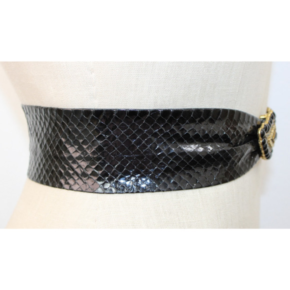 Vintage 80s Morris Moskowitz Black Snake Skin Wide Leather Belt & Buckle M main image 4